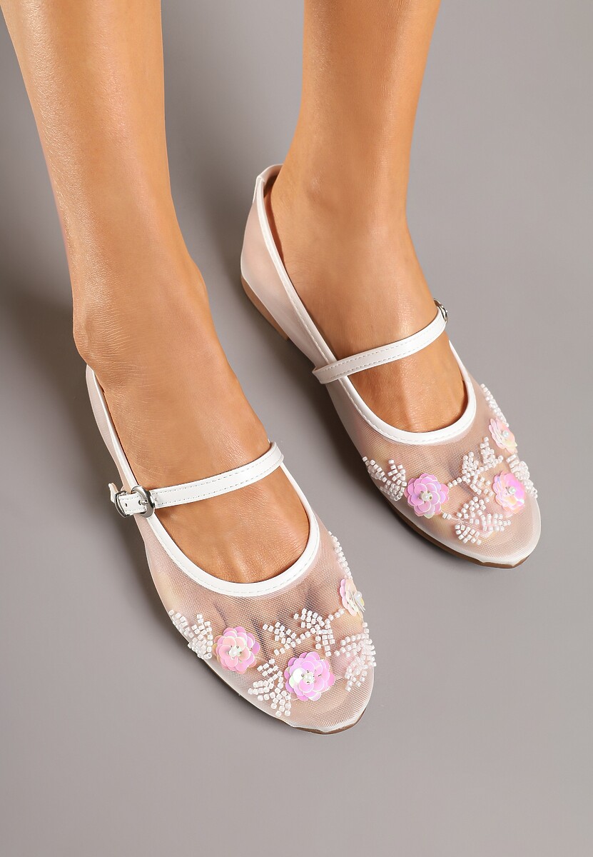 Białe Balerinki Transparentne w Stylu Mary Jane z Kwiatowymi Zdobieniami Nelritia