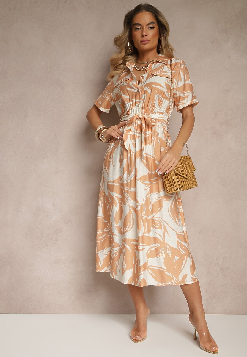 Beżowa Koszulowa Sukienka z Wiskozy z Wiązanym Paskiem Ullosaria