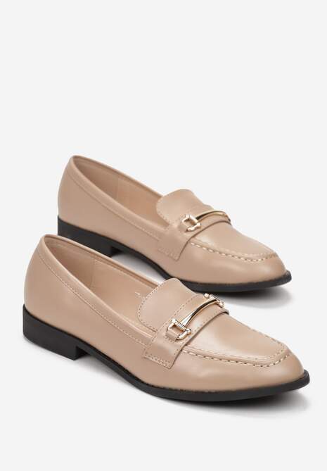 Ciemnobeżowe Mokasyny na Płaskiej Podeszwie z Ozdobnym Paskiem Catharine