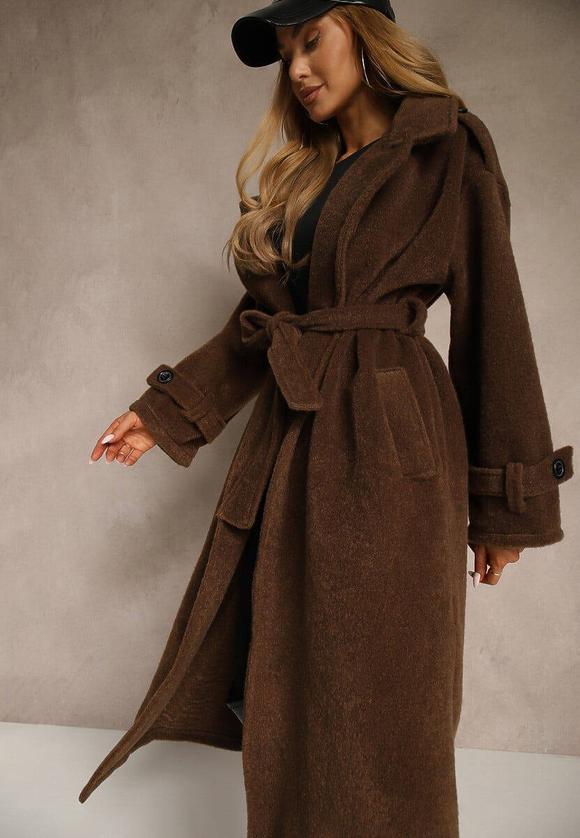 Brązowy Płaszcz w Eleganckim Stylu z Kieszeniami i Wiązanym Paskiem Zoledi