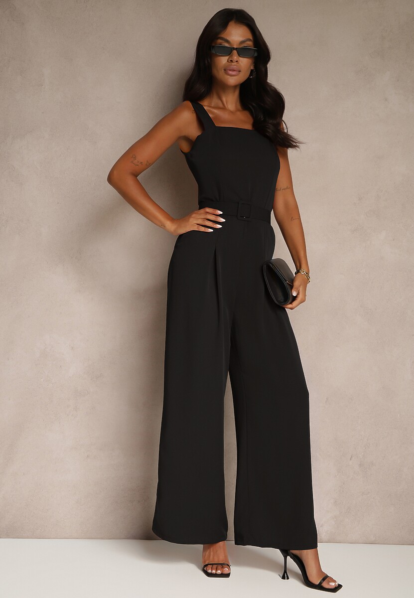 Czarny Elegancki Kombinezon Ozdobiony Paskiem z Klamrą Dolanela