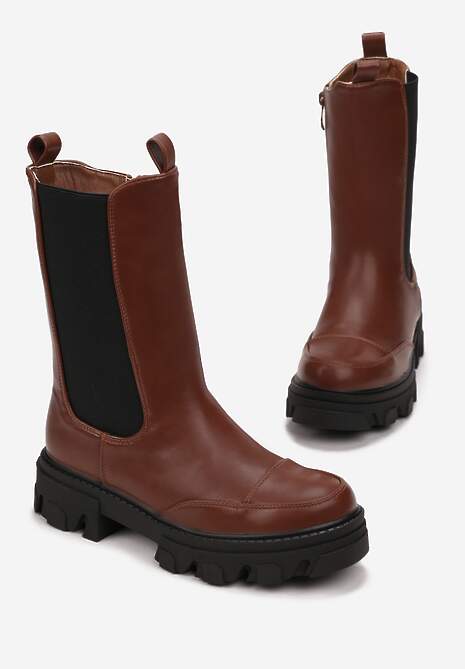 Brązowe Botki Sztyblety na Grubej Podeszwie Tenn