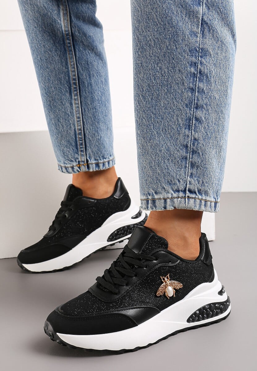 Czarne Sneakersy na Grubej Podeszwie z Ozdobą i Brokatem Sehdi