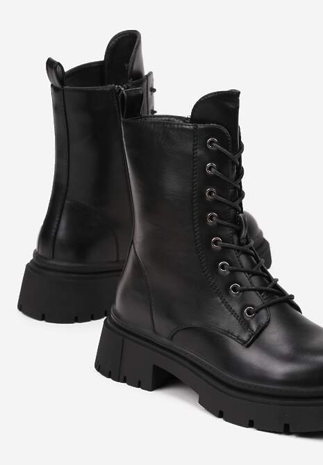 Czarne Casualowe Botki Workery na Płaskiej Podeszwie ze Sznurowaniem Emiti