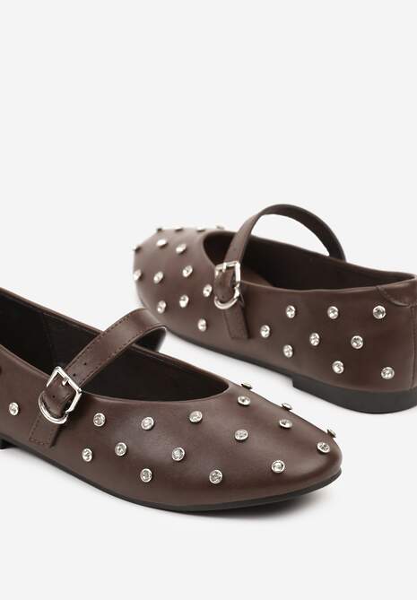 Brązowe Balerinki Vices w Stylu Mary Jane z Ćwiekami i Skórzaną Wkładką Riladora