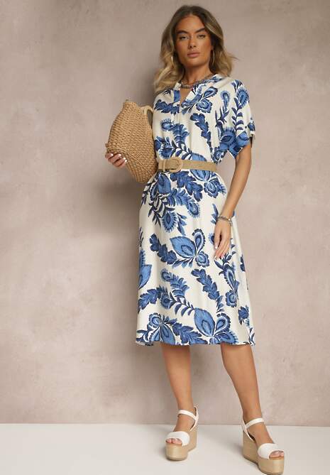 Niebieska Sukienka z Lnem i Wiskozą w Etniczne Kwiaty o Pudełkowym Kroju Natireia