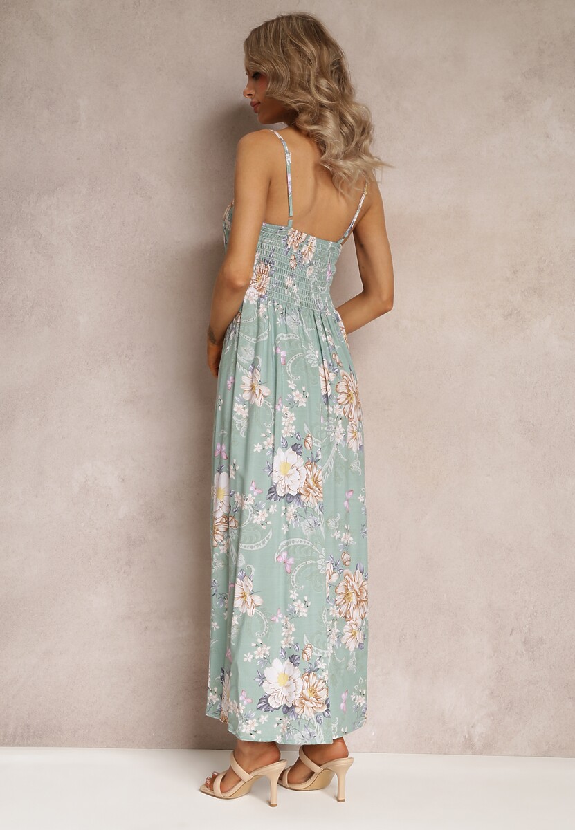 Jasnozielona Sukienka w Kwiaty na Ramiączkach Lydienne