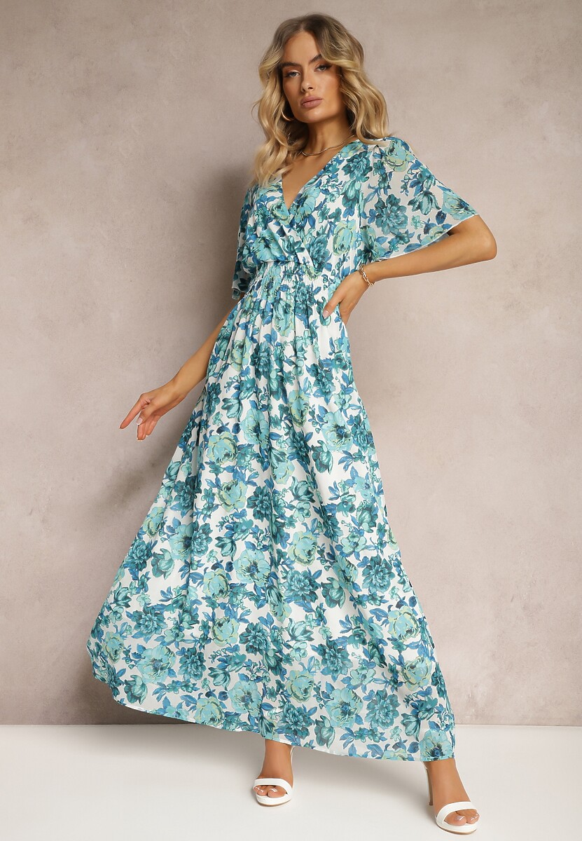 Biało-Niebieska Sukienka z Kopertowym Dekoltem z Gumką w Talii i Metaliczną Nicią Sollas