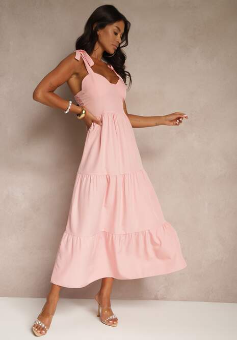 Różowa Sukienka z Wiskozą Falbanami i Wiązaniem Nilarrea