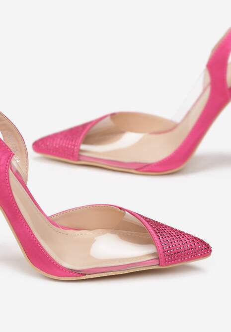Fuksjowe Sandały na Szpilce z Transparentną Wstawką i Cyrkoniami Middi
