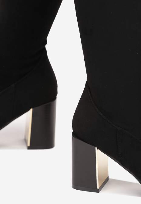 Czarne Długie Kozaki za Kolano z Imitacji Zamszu na Metalicznym Obcasie Terephne