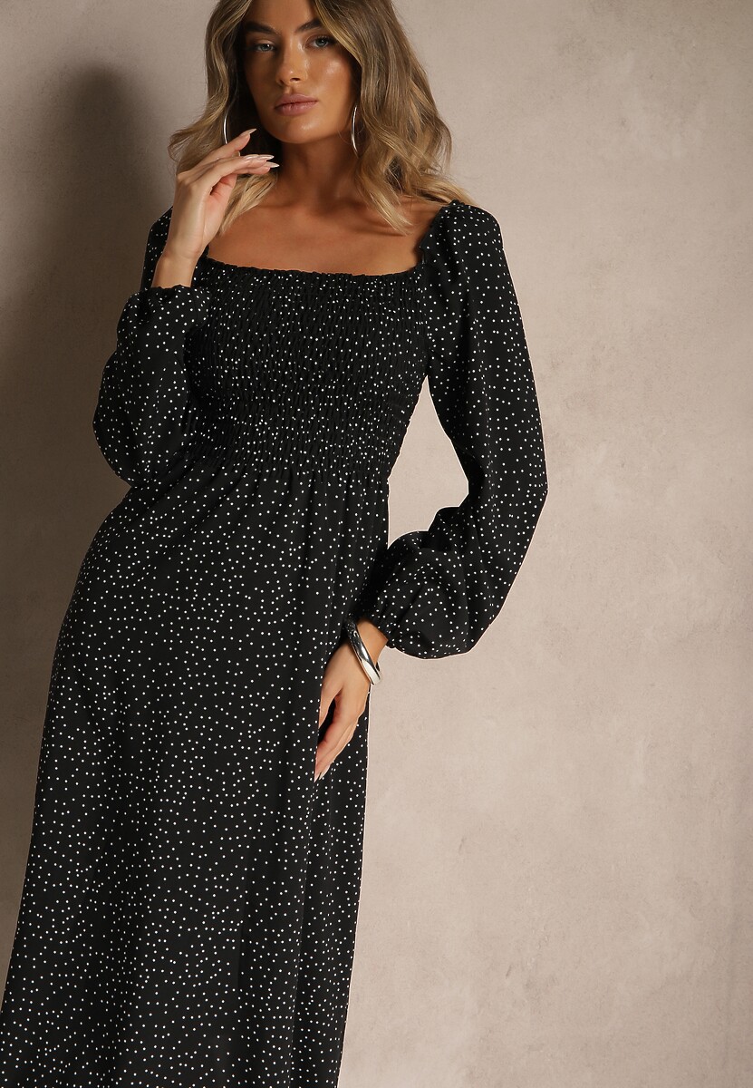 Czarna Rozkloszowana Sukienka Midi w Kropki z Hiszpańskim Dekoltem Lusena