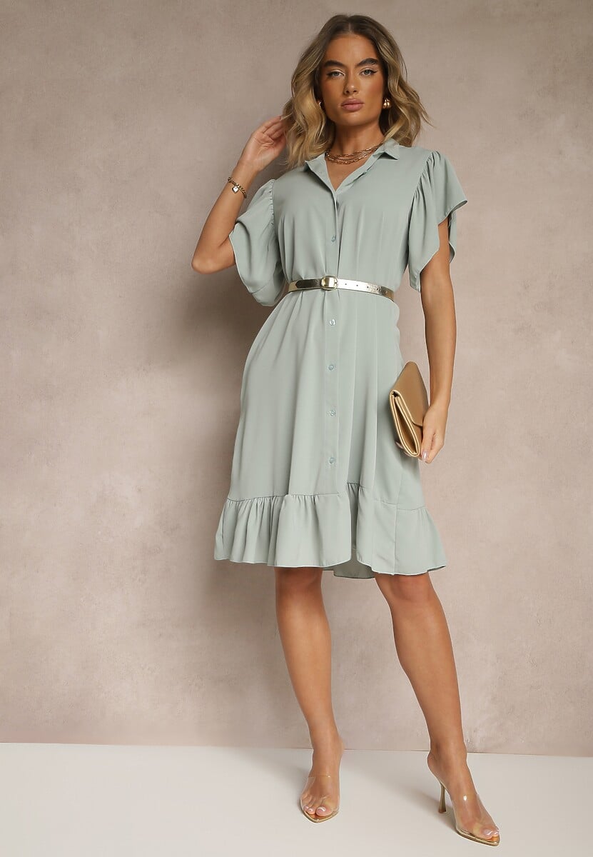 Jasnozielona Koszulowa Sukienka Ozdobiona Falbankami i Guzikami Tenelora