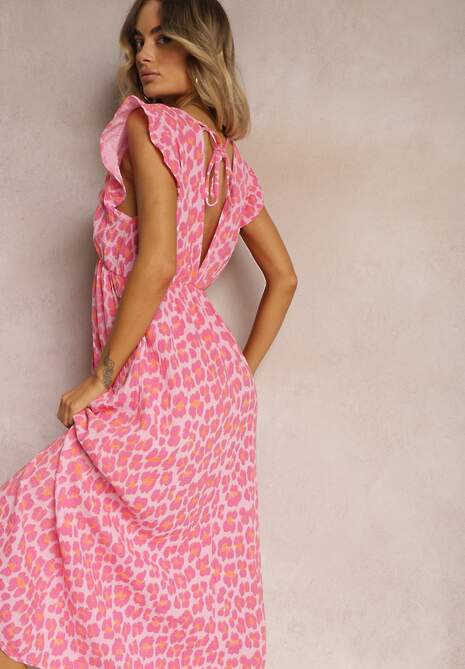 Różowa Sukienka Boho z Bawełny Ozdobiona Wiązaniem Carivia