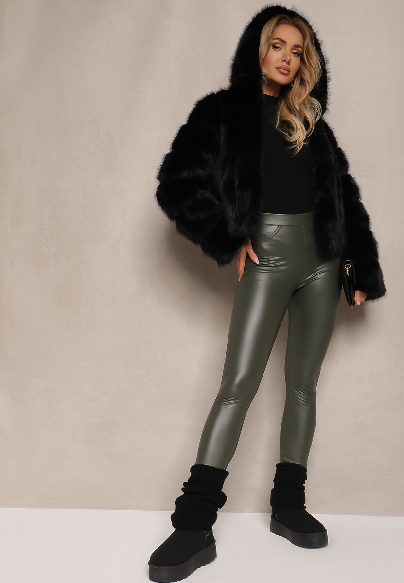 Ciemnozielone Legginsy z Imitacji Skóry High Waist Noriel