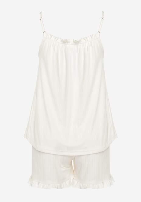 Jasnobeżowy Komplet Piżamowy z Szortami i Bluzką na Ramiączkach Zdobiony Falbanką Xilvana