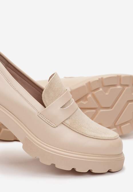 Beżowe Mokasyny na Niewysokim Obcasie i Platformie Clorine