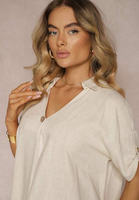 Beżowa Bawełniana Sukienka o Pudełkowym Kroju z Rękawami z Regulacją Elonea