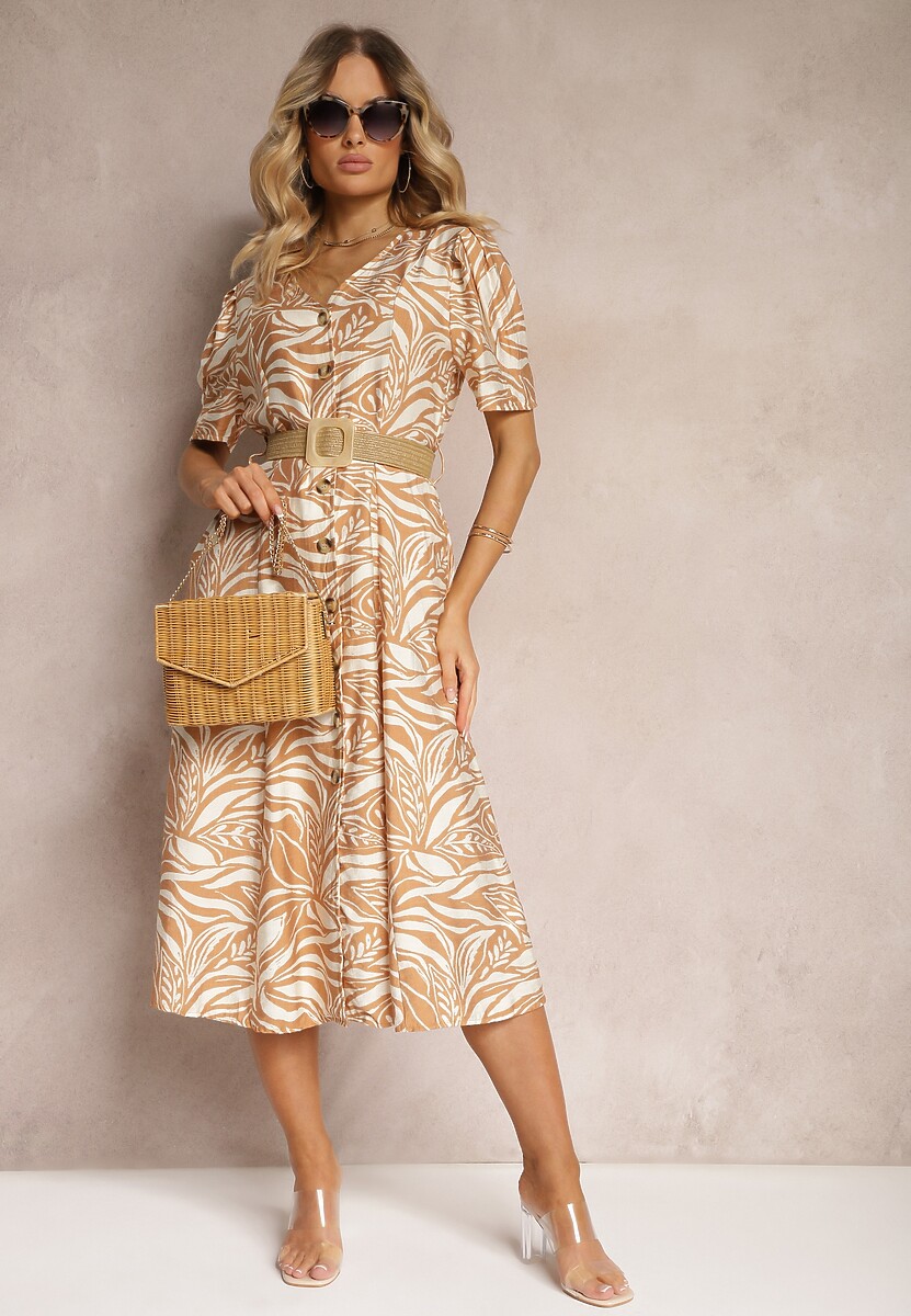 Beżowa Koszulowa Sukienka z Bufiastymi Rękawami i Plecionym Paskiem w Talii Aslatia