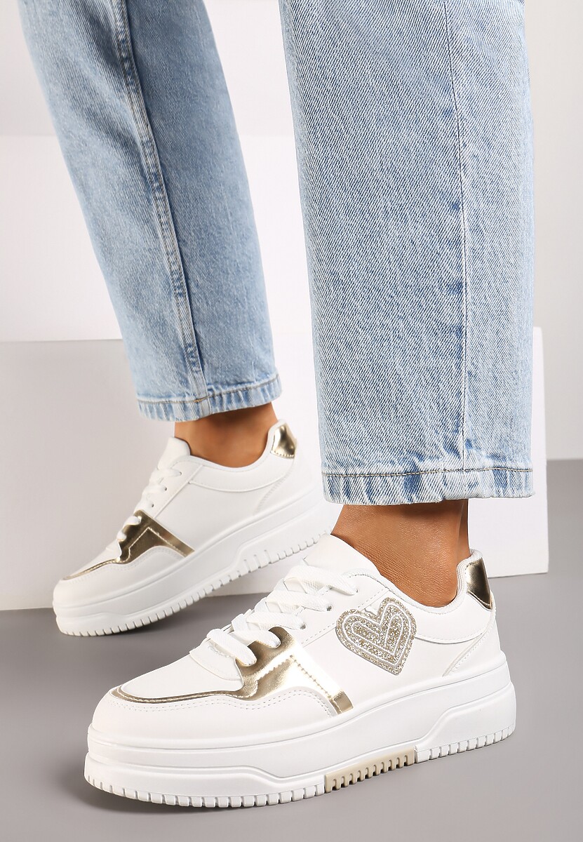 Białe Sneakersy z Brokatową Naszywką w Kształcie Serca Avioneria