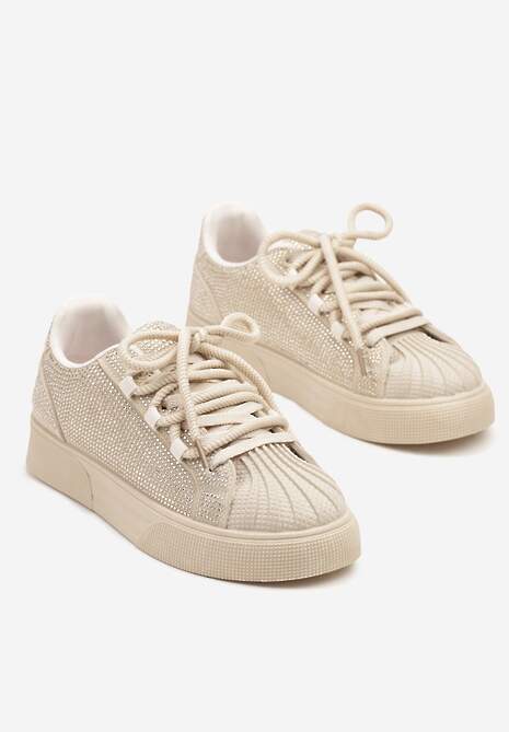 Beżowe Sneakersy z Ozdobnym Tłoczeniem i Cyrkoniami Dorreia
