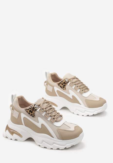 Ciemnobeżowe Sneakersy Na Grubej Podeszwie z Przeszyciami i Sznurwaniem  Marinil