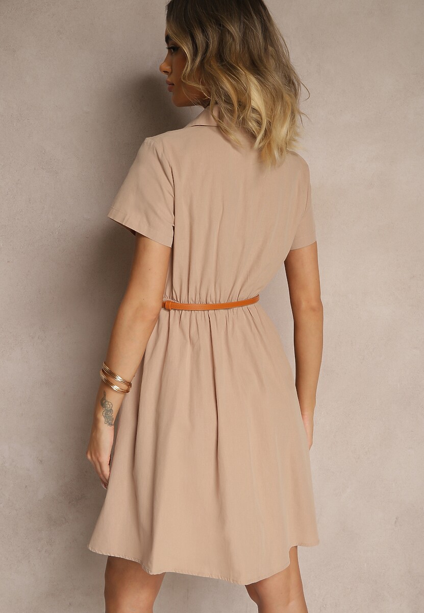 Ciemnobeżowa Sukienka Koszulowa z Cienkim Paskiem w Talii Weolessa