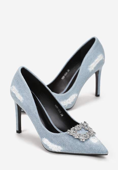 Jasnoniebieskie Szpilki Jeansowe z Ozdobą w Cyrkonie Lalya