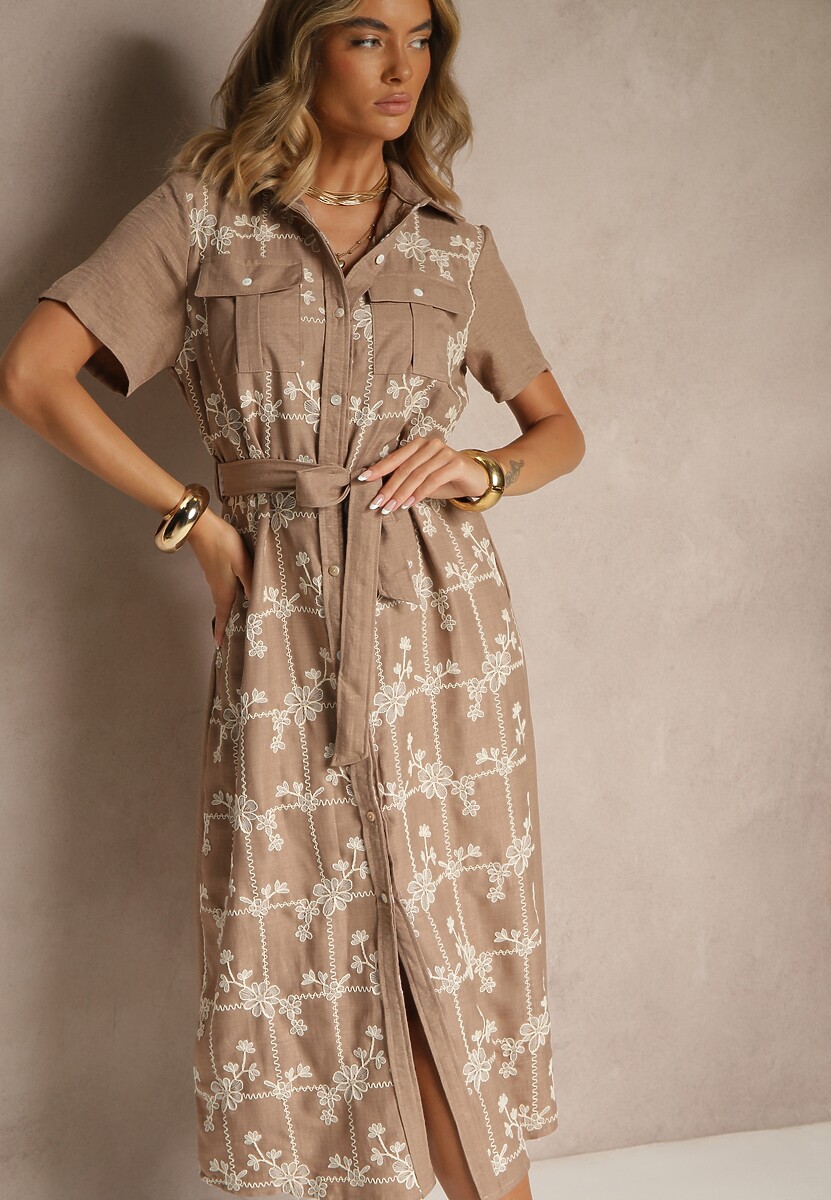 Beżowa Koszulowa Sukienka z Wiązanym Paskiem Zdobiona Haftem Malinnessa