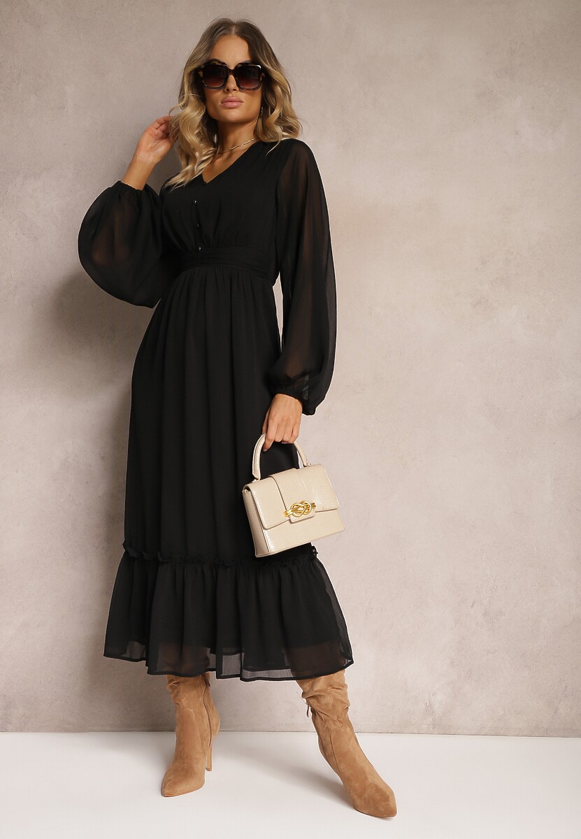 Czarna Plisowana Sukienka Koktajlowa Ozdobiona Guzikami i Falbankami Osumia