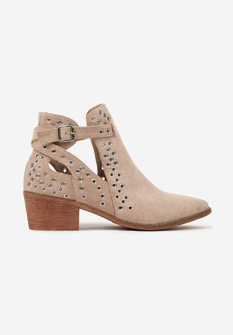 Beżowe Botki Vices na Słupku w Stylu Kowbojek z Metalicznymi Aplikacjami i Wycięciami Virori