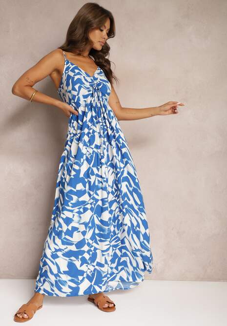 Niebiesko-Biała Wiskozowa Sukienka na Ramiączkach o Taliowanym Kroju Athelea