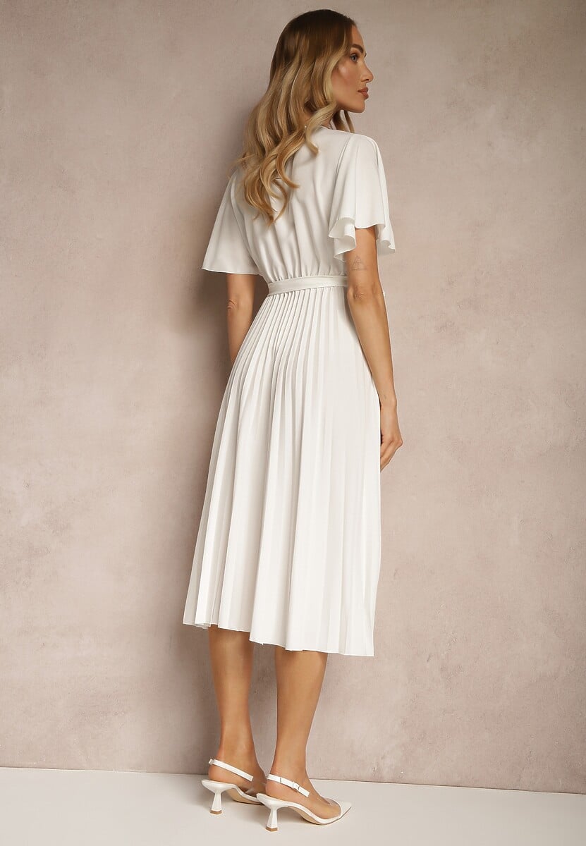 Biała Sukienka Wiązana w Talii z Plisowaniem na Dole Dorseki
