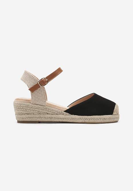 Czarne Sandały na Koturnie z Plecionki Zapinane Wokół Kostki Fiolla