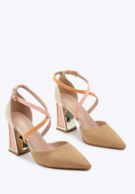 Brązowe Czółenka na Obcasie w Kształcie Stożka z Metalowym Obramowaniem Haslia