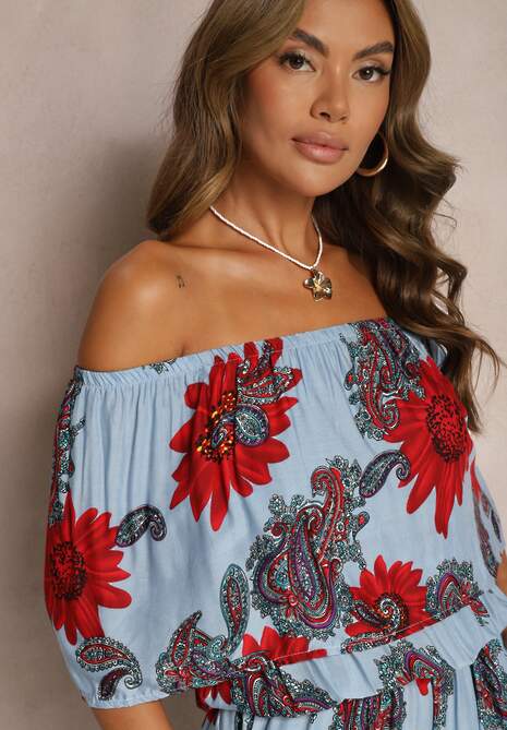 Niebiesko-Czerwony Wiskozowy Taliowany Kombinezon Ozdobiony Kwiecistym Wzorem Nelanora