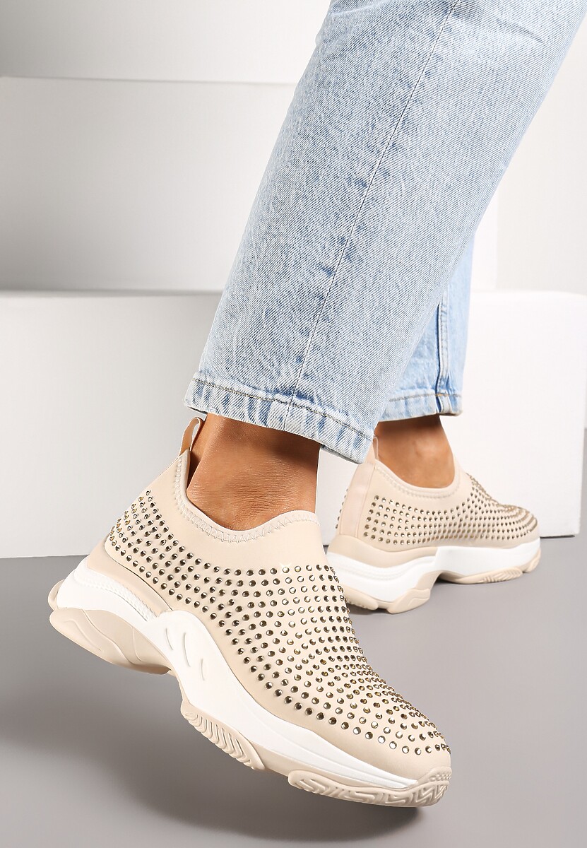 Beżowe Buty Sportowe na Grubej Podeszwie w Cyrkonie Elerene