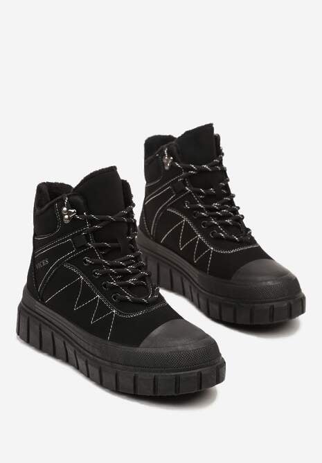 Czarne Botki Trapery Vices na Platformie z Tłoczeniem Ozdobione Przeszyciami Amirrise