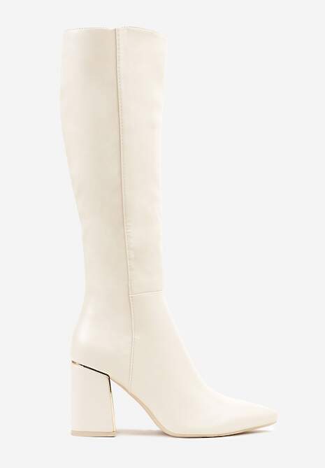 Beżowe Eleganckie Kozaki na Słupkowym Obcasie z Aplikacją i Noskiem w Szpic Noellame