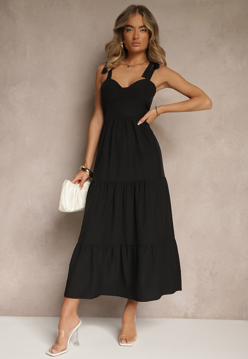Czarna Sukienka z Wiskozą Falbanami i Wiązaniem Nilarrea