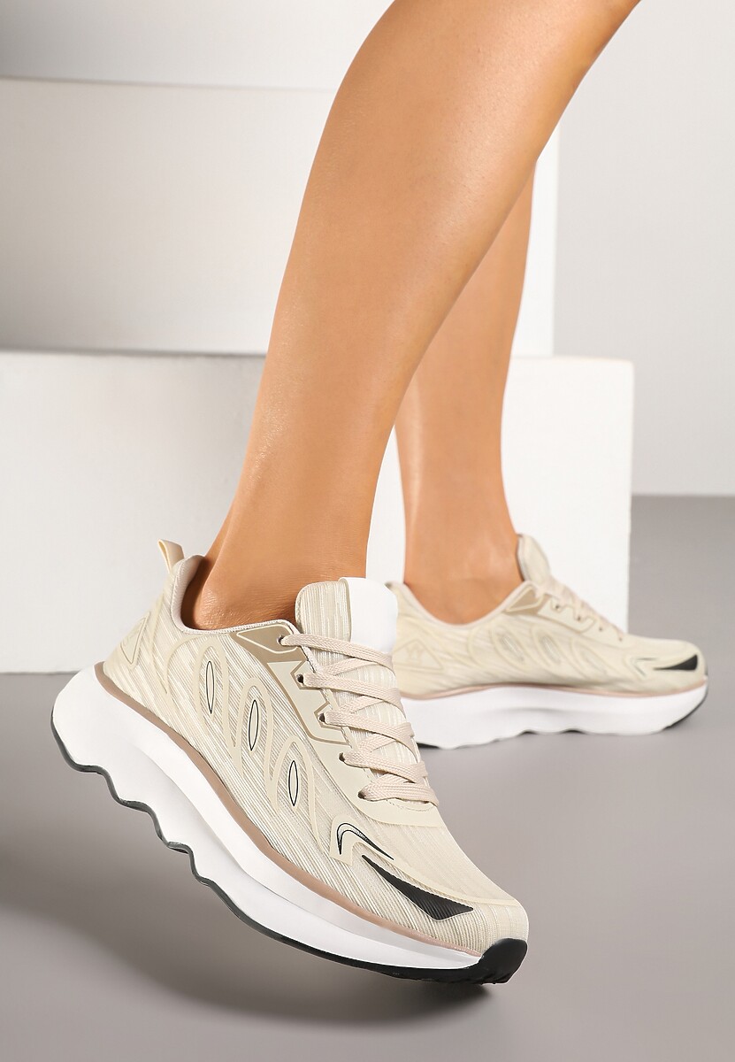 Beżowe Sneakersy na Podeszwie z Pianki Zdobione Geometrycznymi Detalami Ulianavia