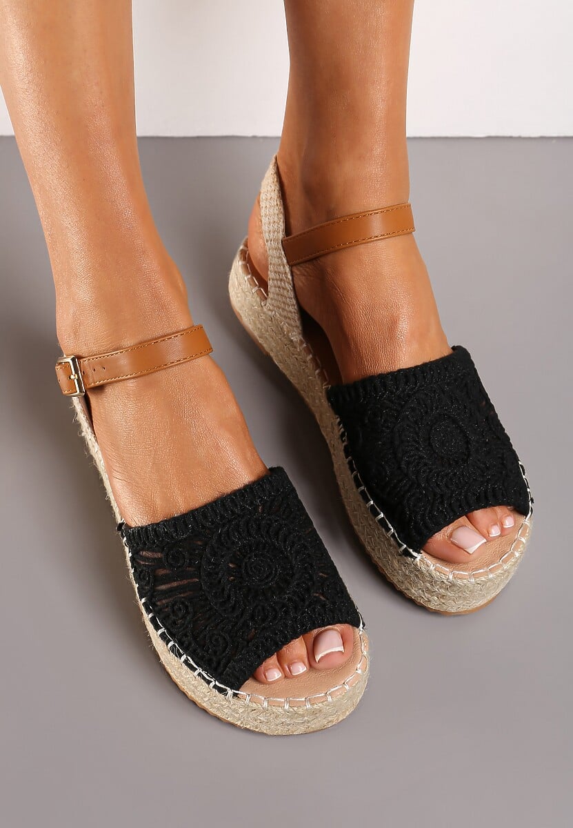 Czarne Sandały Espadryle z Plecionym Noskiem Peep Toe i Jutową Platformą Drelpa