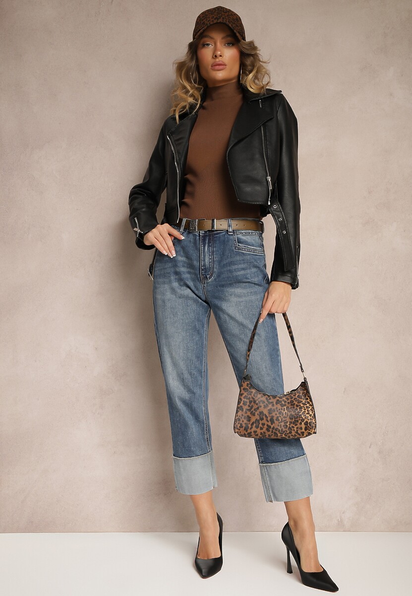 Niebieskie Jeansy Regular z Ozdobnie Wywiniętymi Nogawkami i Paskiem Corenamia