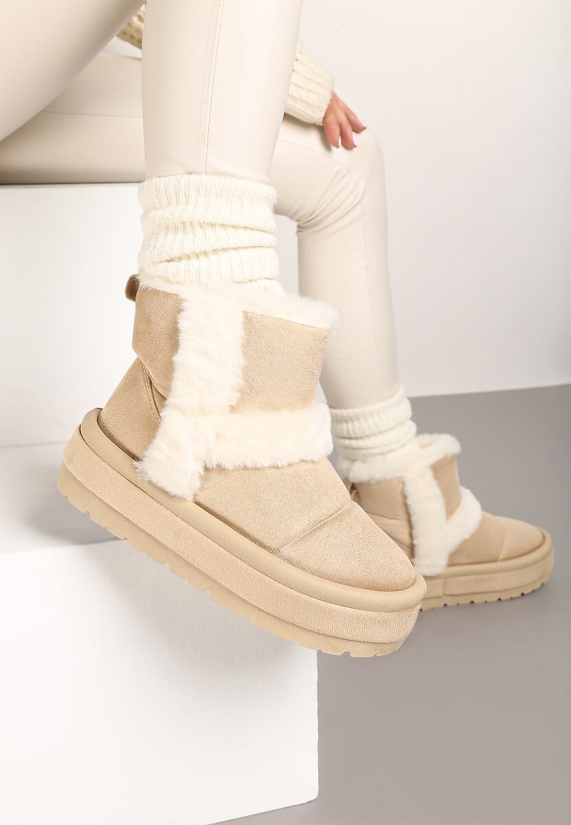 Ciemnobeżowe Ekozamszowe Śniegowce na Platformie z Futrzanymi Wstawkami Mazini