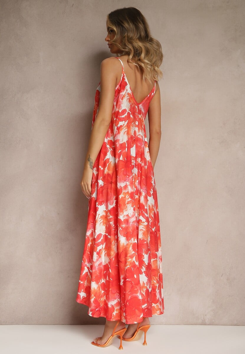 Czerwona Wiskozowa Sukienka Ozdobiona Abstrakcyjnym Motywem Nillosea