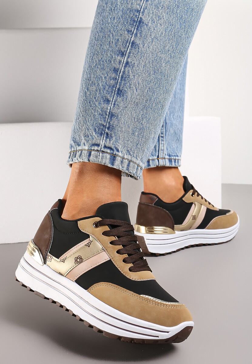 Brązowe Sneakersy z Dekoracyjnymi Wstawkami na Platformie w Paski Letorra