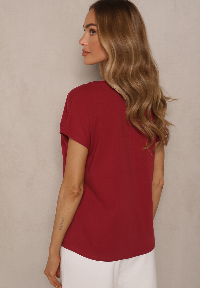 Bordowy T-shirt z Bawełny z Dekoltem w Serek Linithiela