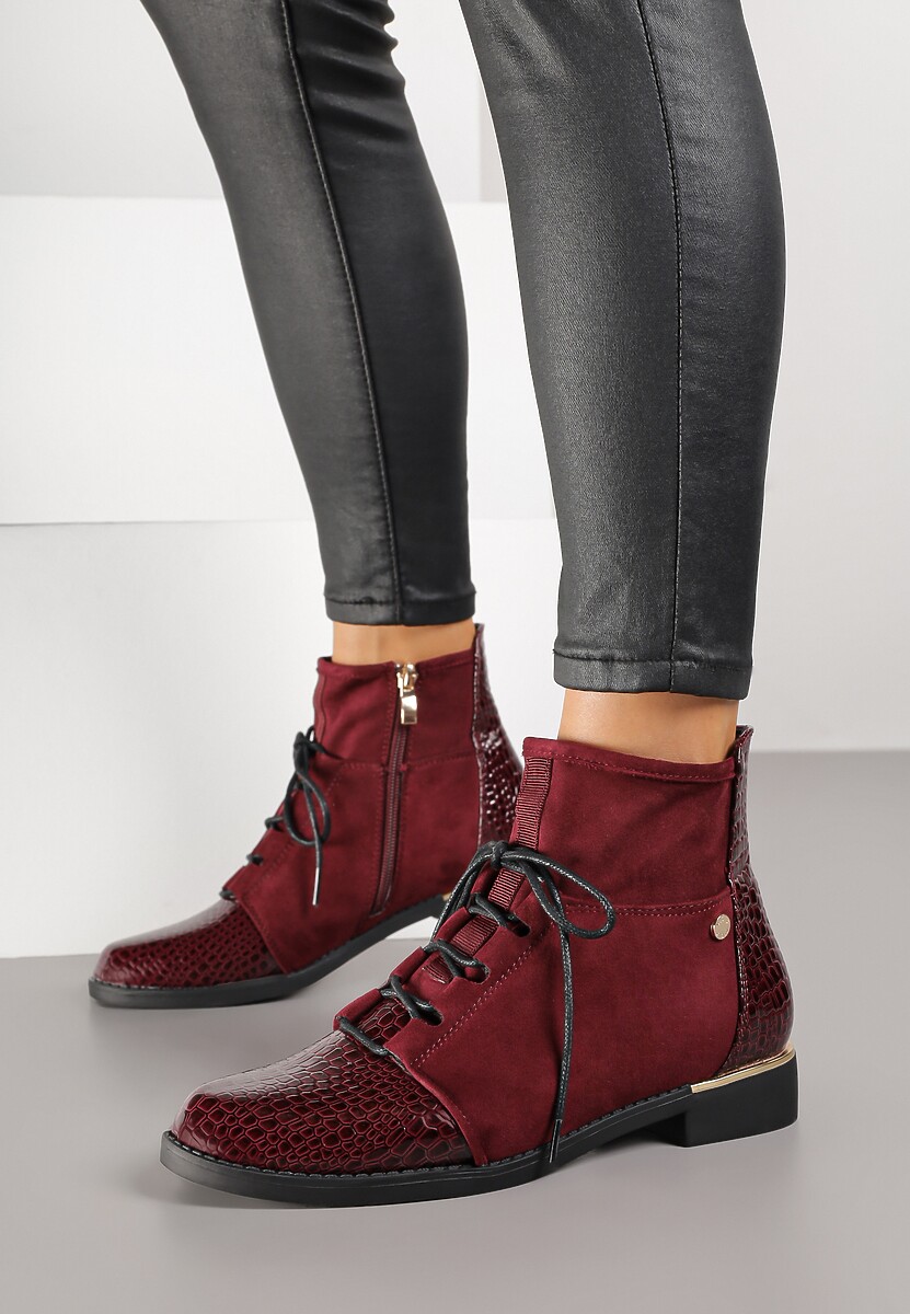 Bordowe Botki Trzewiki Vices Ozdobione Lakierowanymi Elementami Afridde