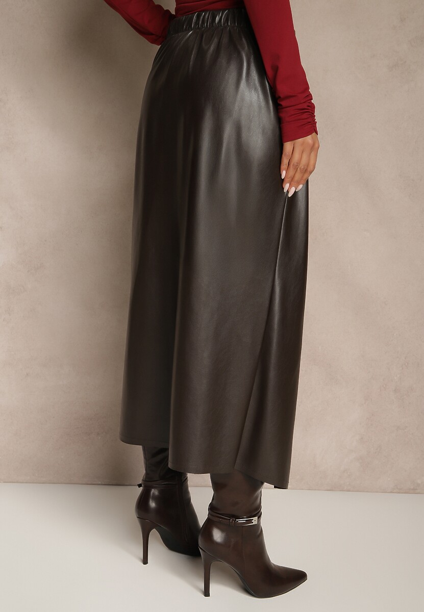 Brązowa Marszczona Spódnica z Imitacji Skóry o Kopertowym Kroju z Wiązaniem Seoselle