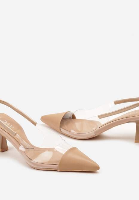Szampańskie Sandały z Imitacji Skóry na Obcasie Typu Kaczuszka z Przezroczystymi Elementami Gravia